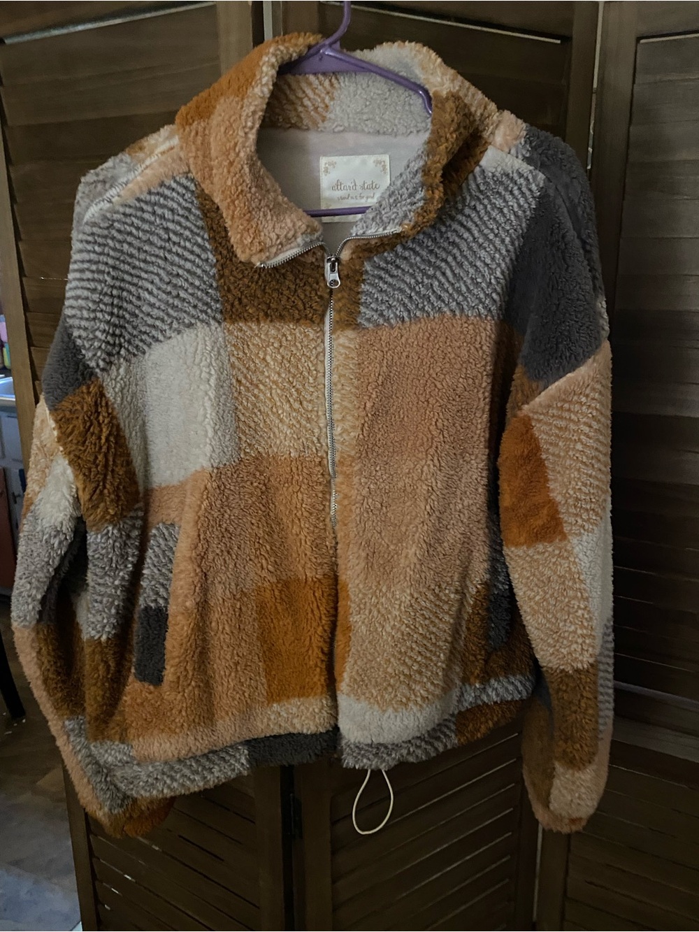 Altd State Cozy Patchwork Sherpa Jacket - Brown & Gray. Size L